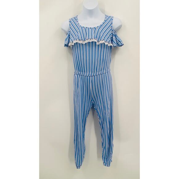 One Step-Up Blue & White Striped Jumpsuit - Size 7/8 - Picture 1 of 8